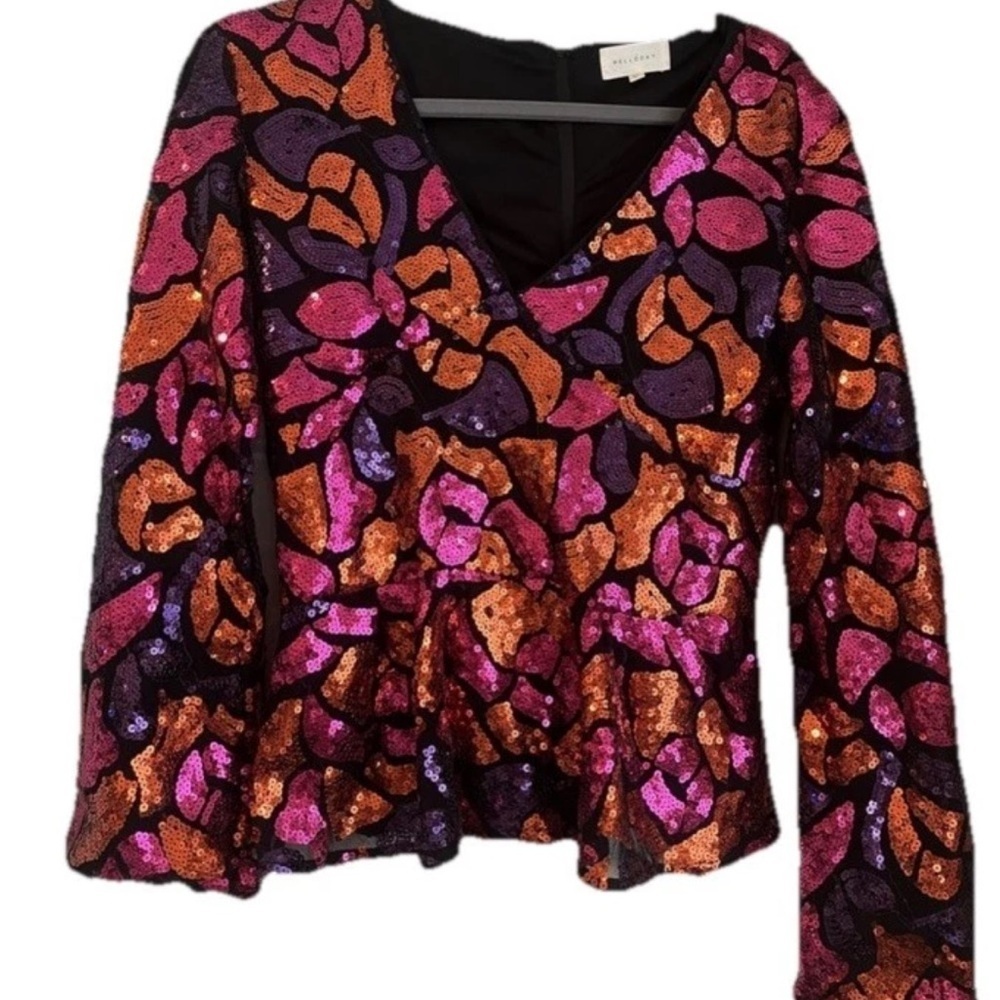 MELLODAY Pink and Orange Sequin V-Neck Blouse